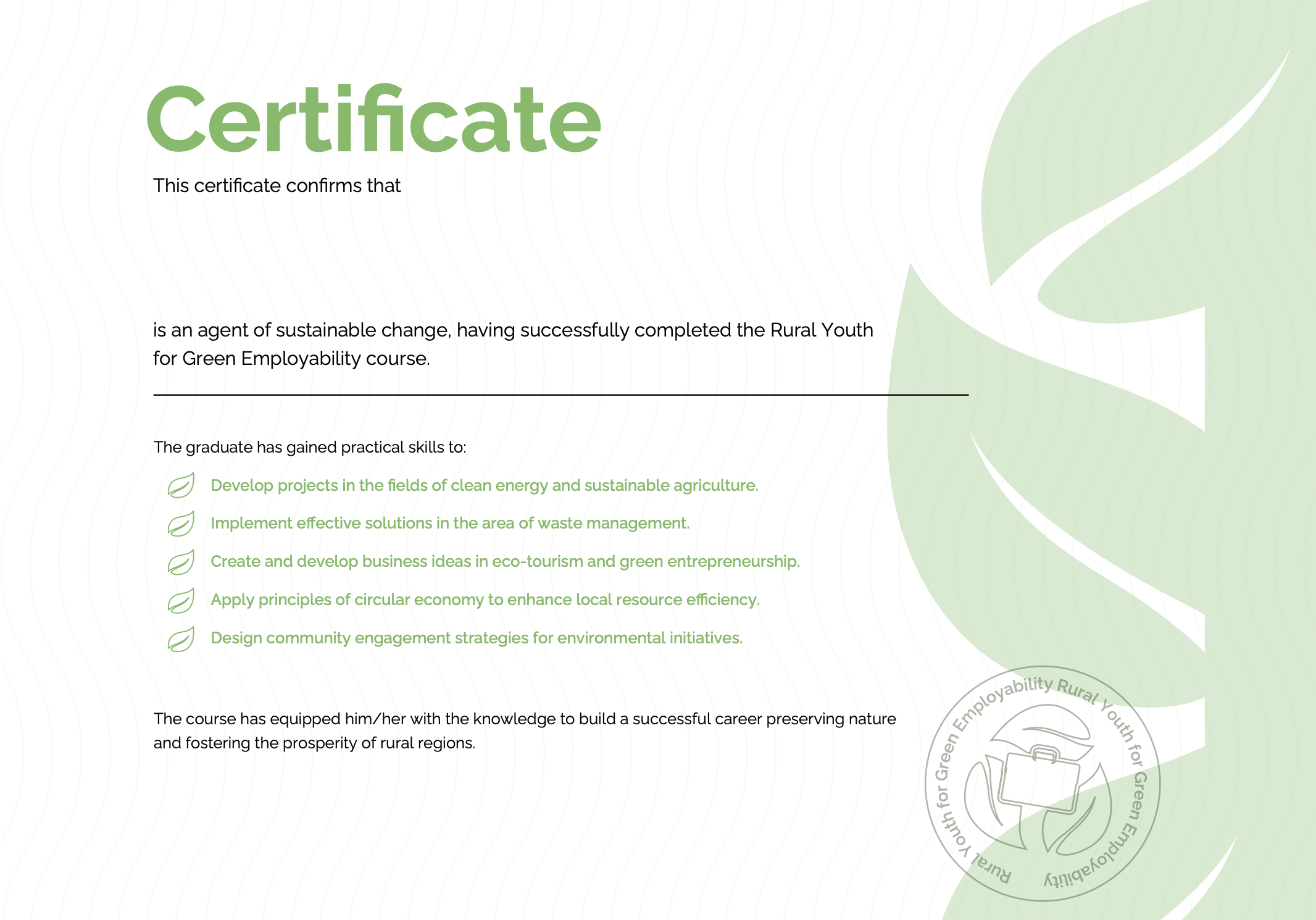 Example course certificate
